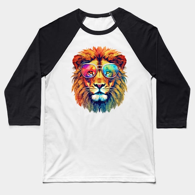 Colorful Lion with Glasses Baseball T-Shirt by Chromatic Fusion Studio